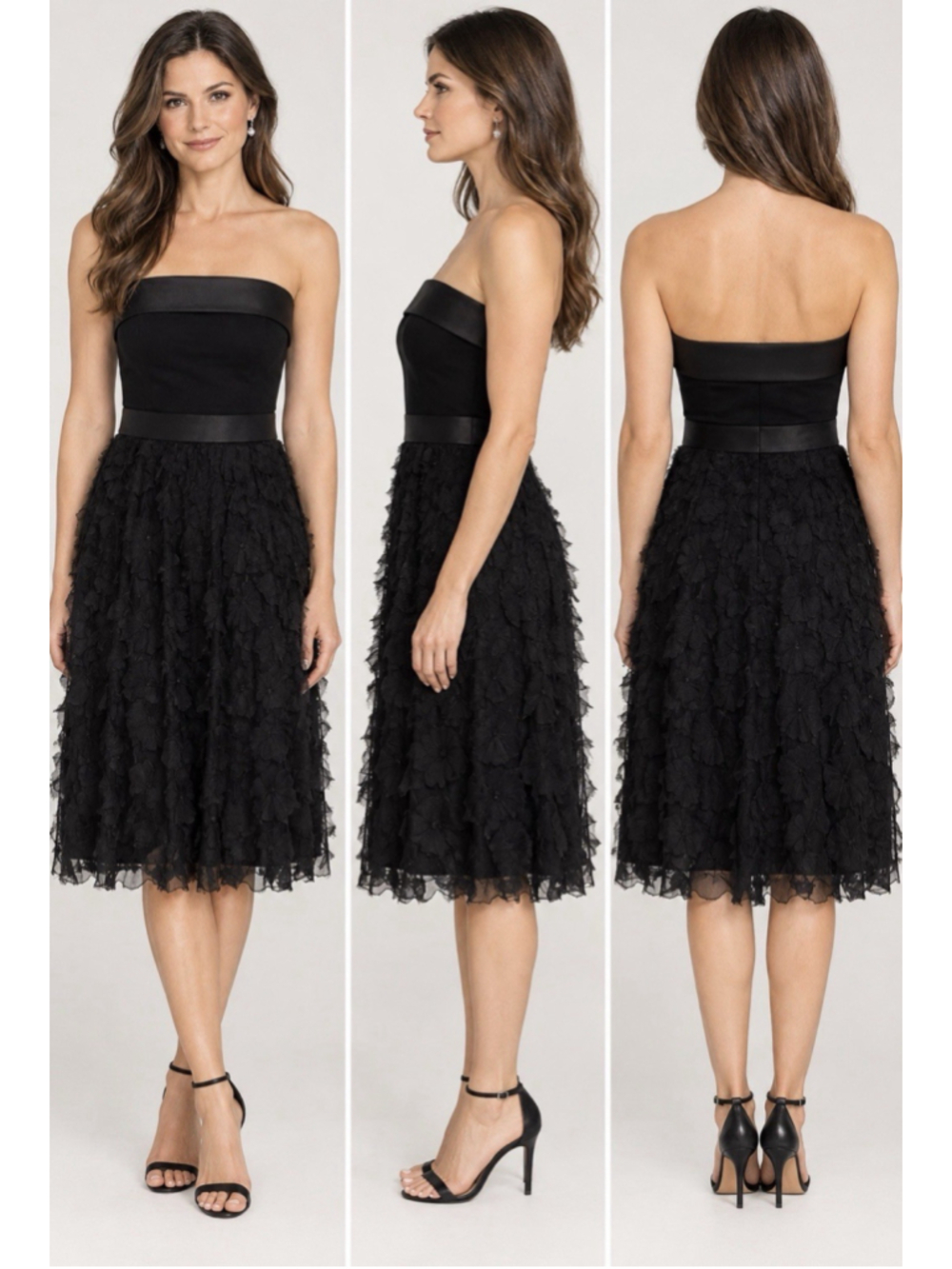 WHBM Dress 12 Silk Black Strapless Tiered Ruffle Black Wedding Guest Party Date